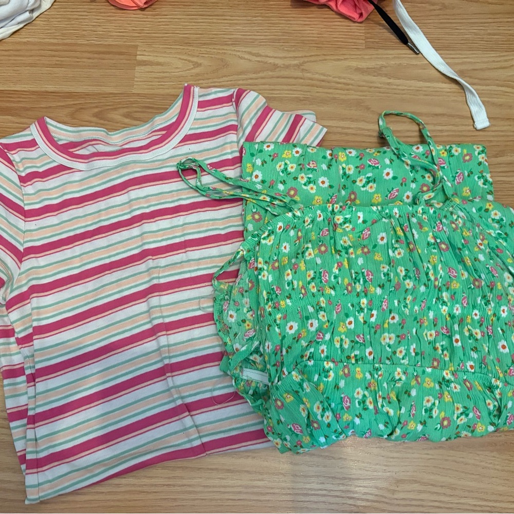 Striped Pink and White Top with Green Floral Dress